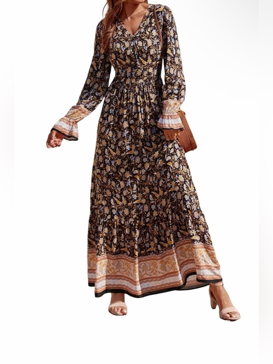 FASHION DRESS Dresses & Skirts - A144 Bohemian Floral Long Sleeve Maxi V neck Dress in Black & Tan NWT
